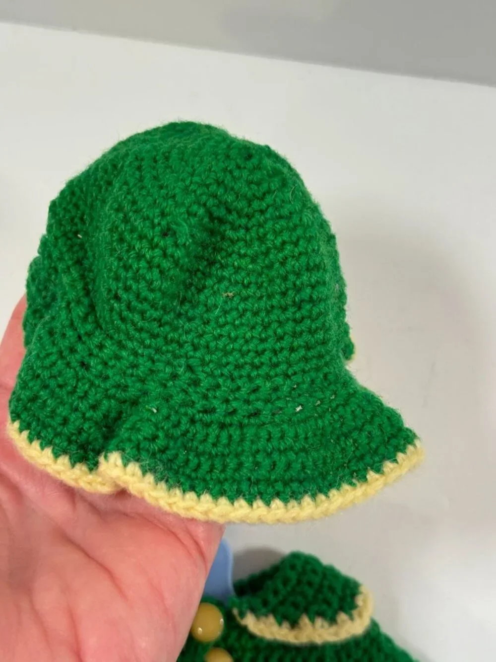 Vintage Mary Hoyer Doll Crocheted Winter Outfit Green White Trim Purse Hat READ